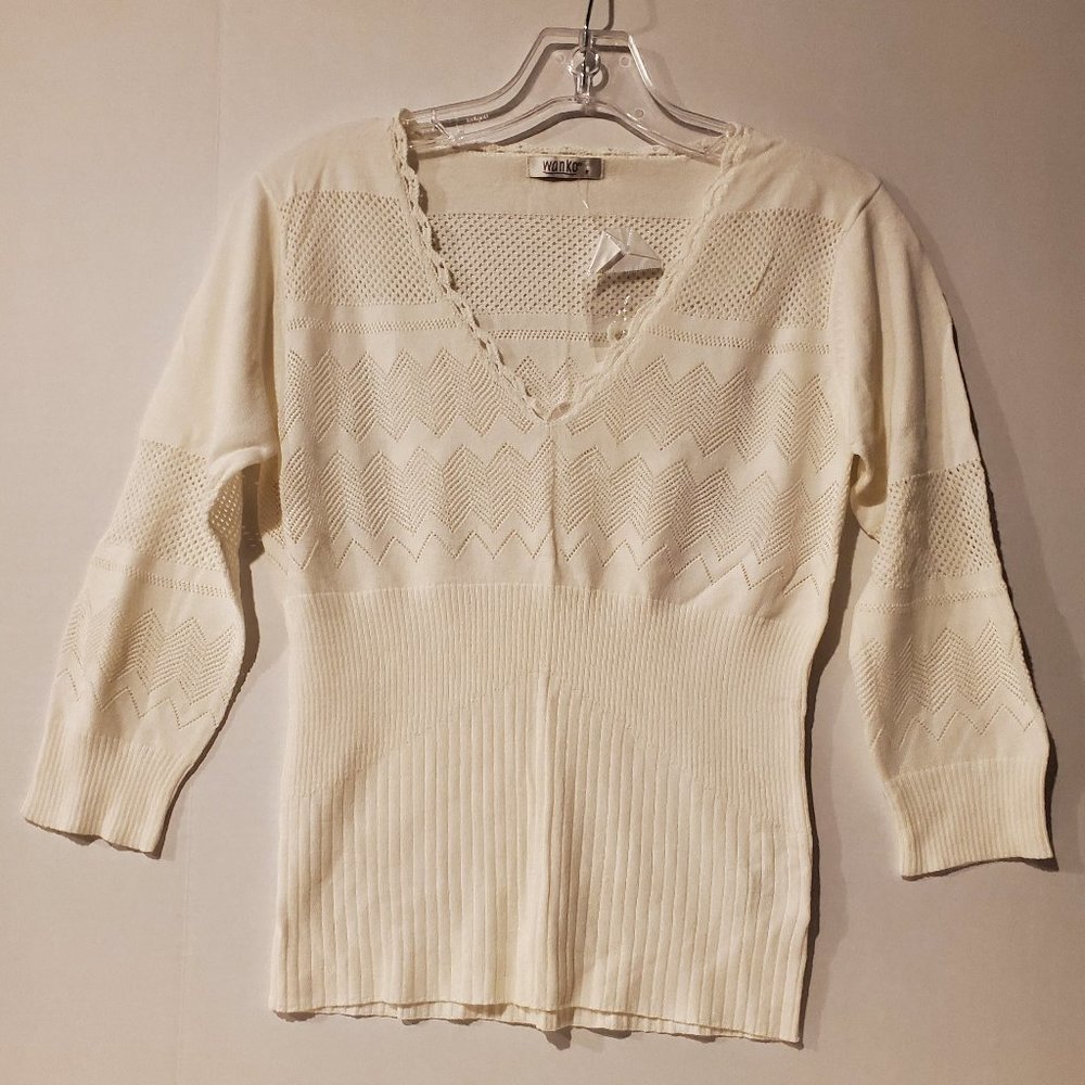 Wanko Vneck 3/4 sleeve Crochet sweater-Free size fits XS or S-Ivory-White-NWOT